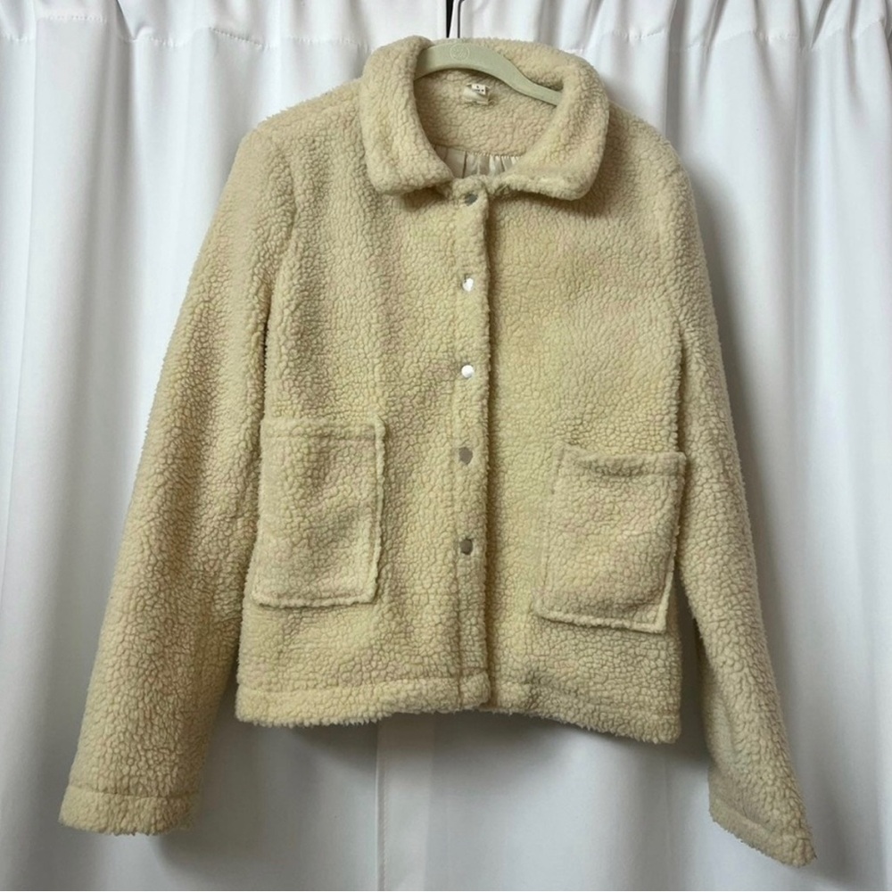 Light Cream Faux Fur Sherpa Fleece Jacket Warm Winter Teddy Coat Size Large